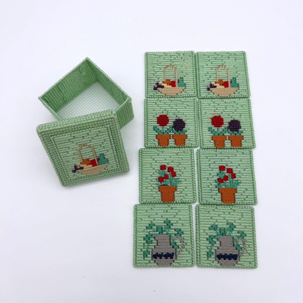 Handmade Needlepoint Coaster Set with Box 8pc Mint Green Floral‎ Vintage 4x4"